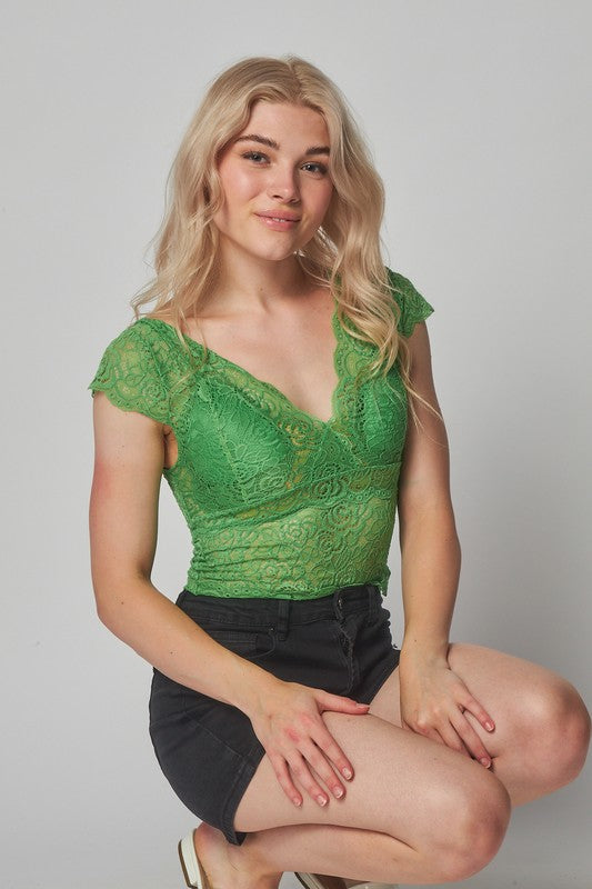 Lace V neck Cap Sleeve Padded Cami Tank Top