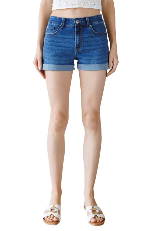 Women's High Rise Heavy Destructed Mid Length Short - Medium Blue