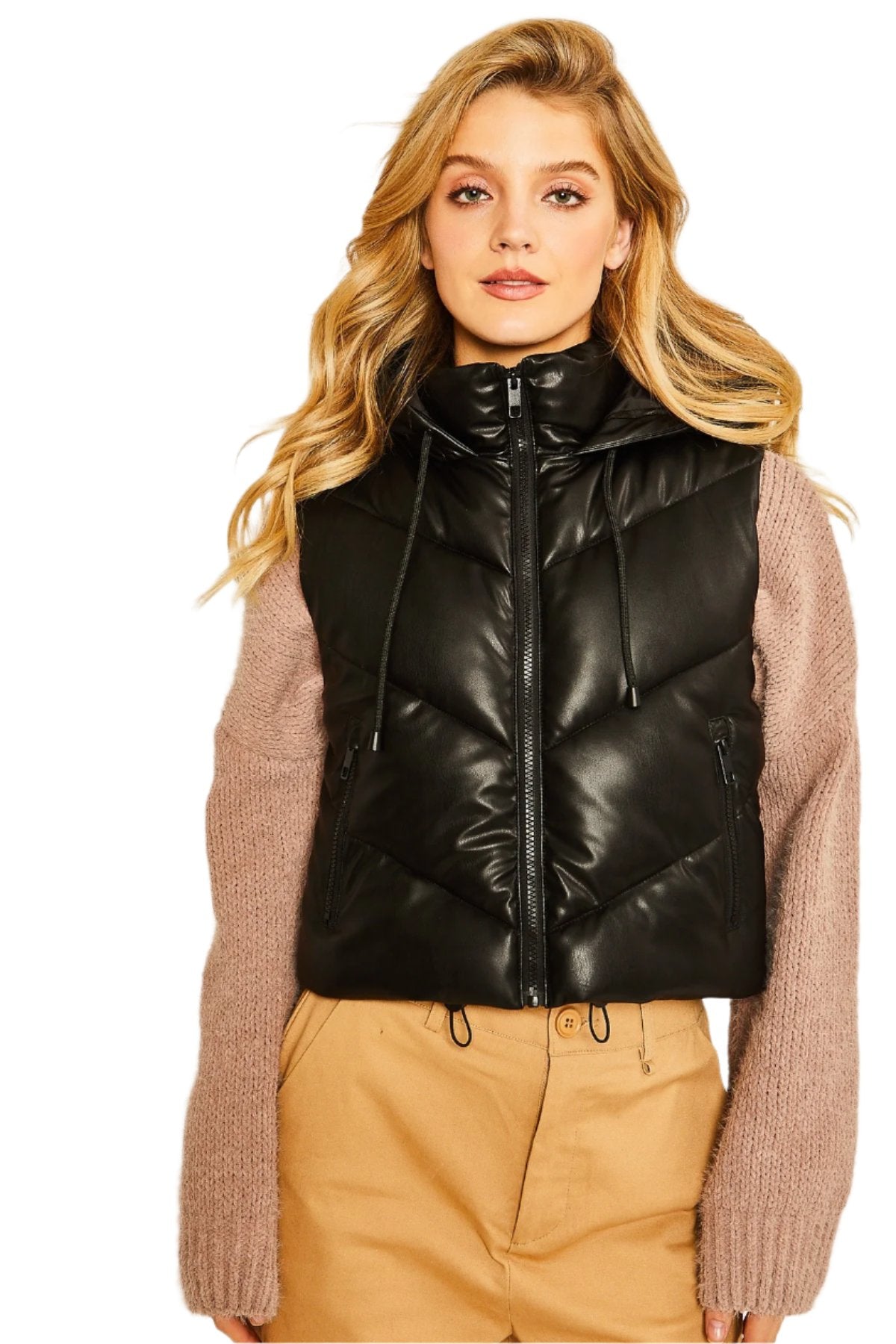 PU Faux Leather Chevron Puffer Vest