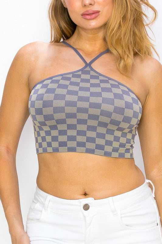 Checkered Pattern Halter Neck Crop Top