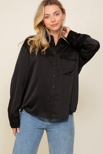 Long Sleeve Satin Button Down Blouse