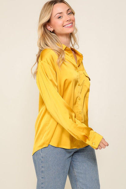 Long Sleeve Satin Button Down Blouse