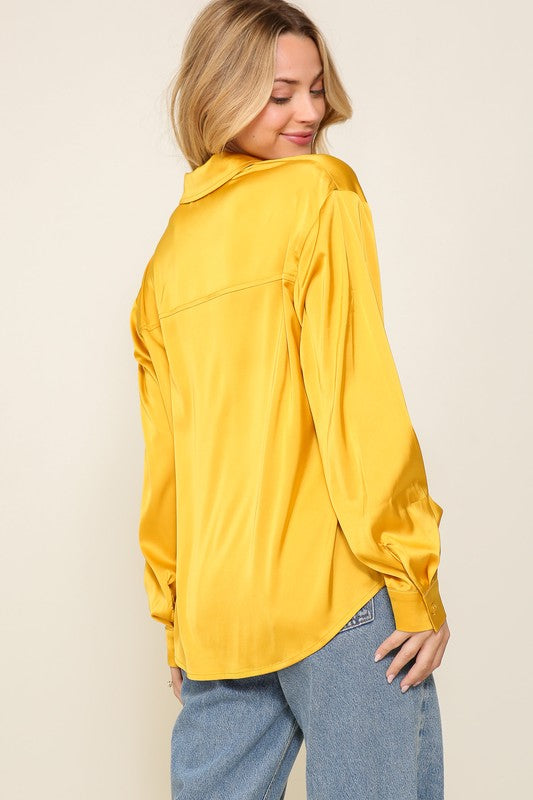 Long Sleeve Satin Button Down Blouse