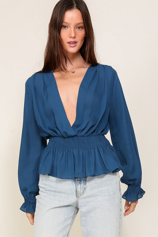 Long Sleeve Chiffon Top With Smocked Waist