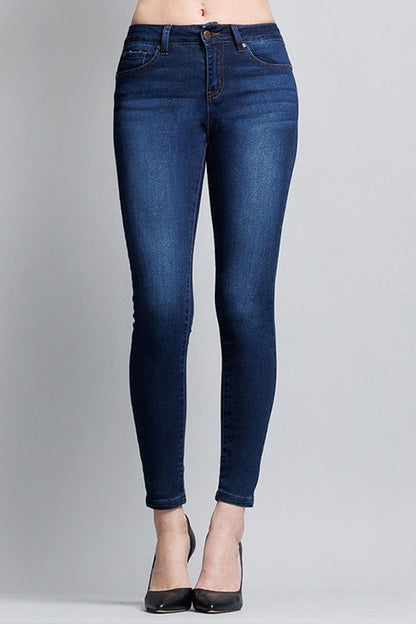 Basic Mid-Rise Ankle Cropped Denim Skinny Jeans - Dark Blue