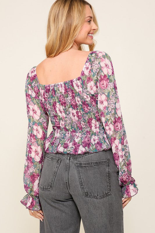 Floral Print Smocked Chiffon Top