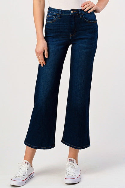 High Rise Dark Washed Cropped Flare Jeans