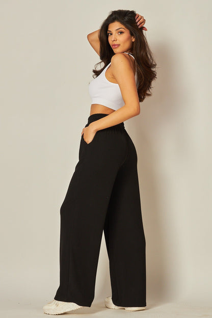 Ribbed High-rise Drawstring Wide Leg Pants