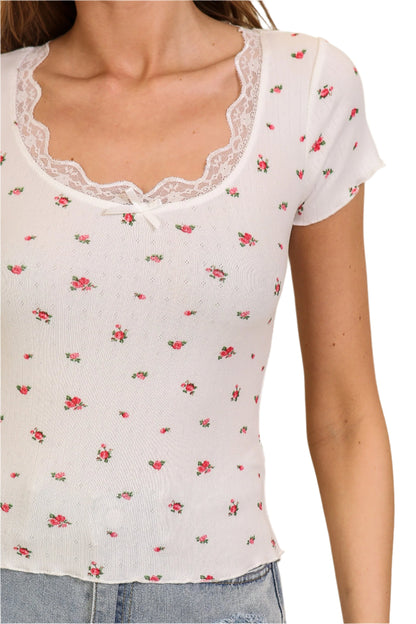 Lace Trim Floral Ribbed Knit Top