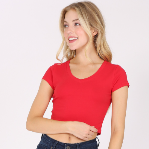 Women's Short Sleeve V-Neck Crop Top - Basic Stretch Tee, Red, Size Large