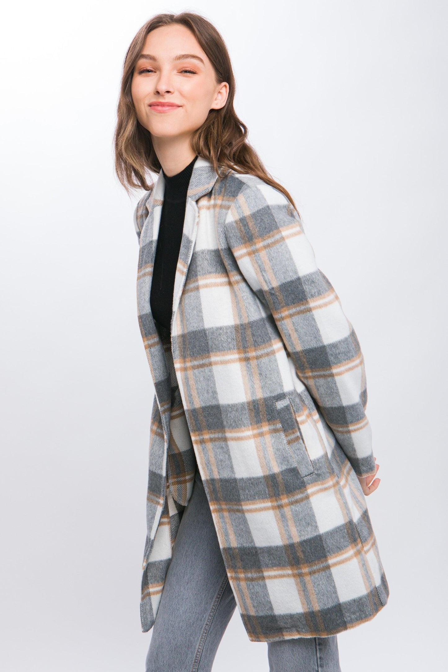 Lapel Collared Plaid Wool Blend Full Coat